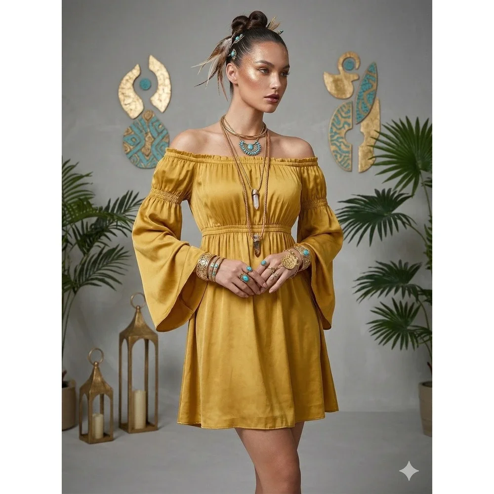 SHORE Shore Brand Off-the-Shoulder Mini Dress XL Gold Boho‎ Romantic NWT $198 - Picture 7 of 14